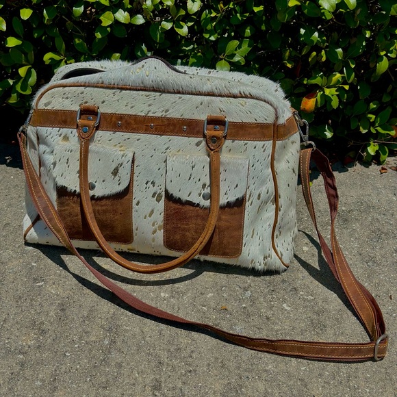 Handbags - Cowhide and Leather White and Gold Metallic Duffle Bag